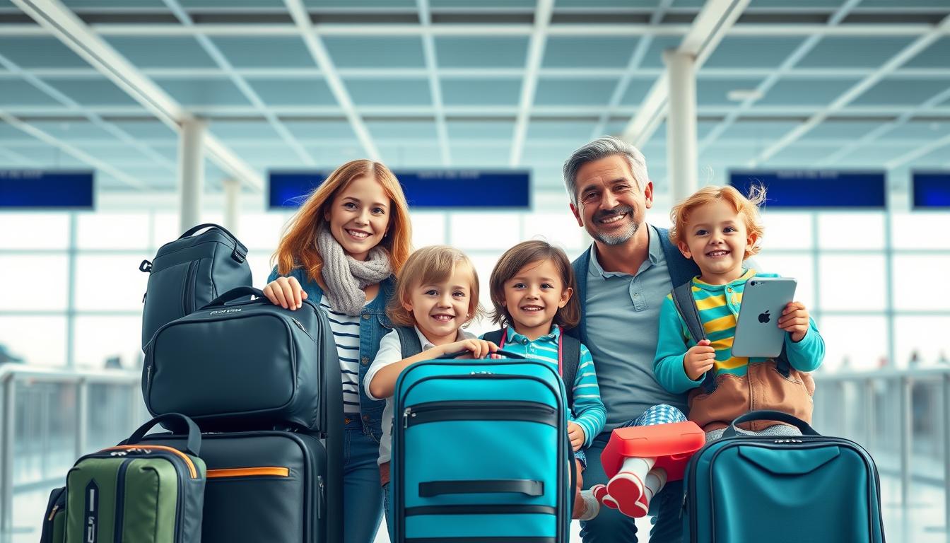 Familie mit Kindern und Reisegadgets am Flughafen