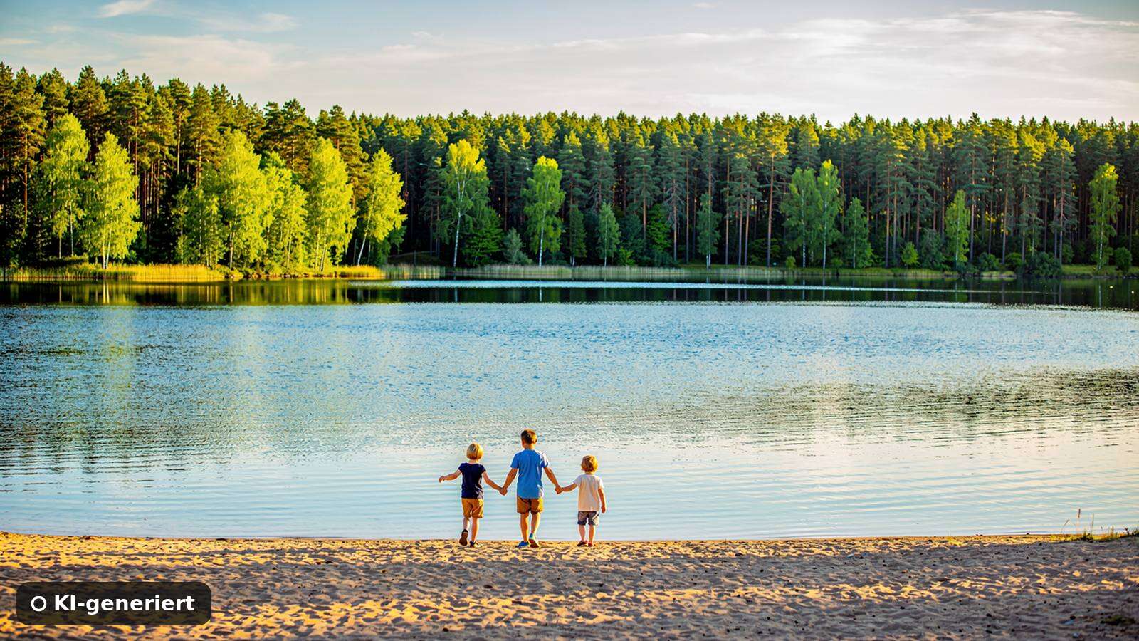 Drei Kinder von hinten am Sandstrand eines Waldsees im Sommer, KI-generiertes Symbolbild