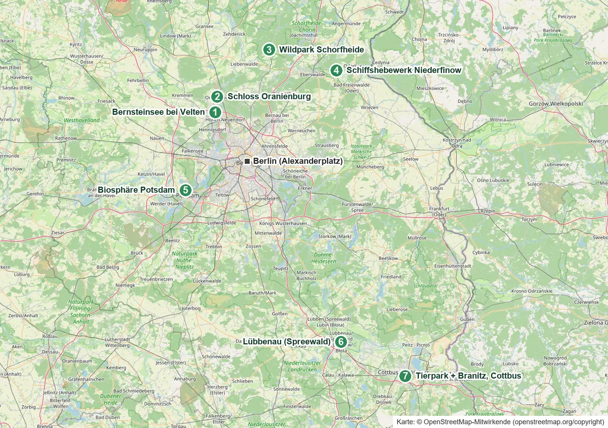 Karte mit sieben Ausflugszielen in Brandenburg rund um Berlin, von Velten im Norden bis Cottbus im Südosten