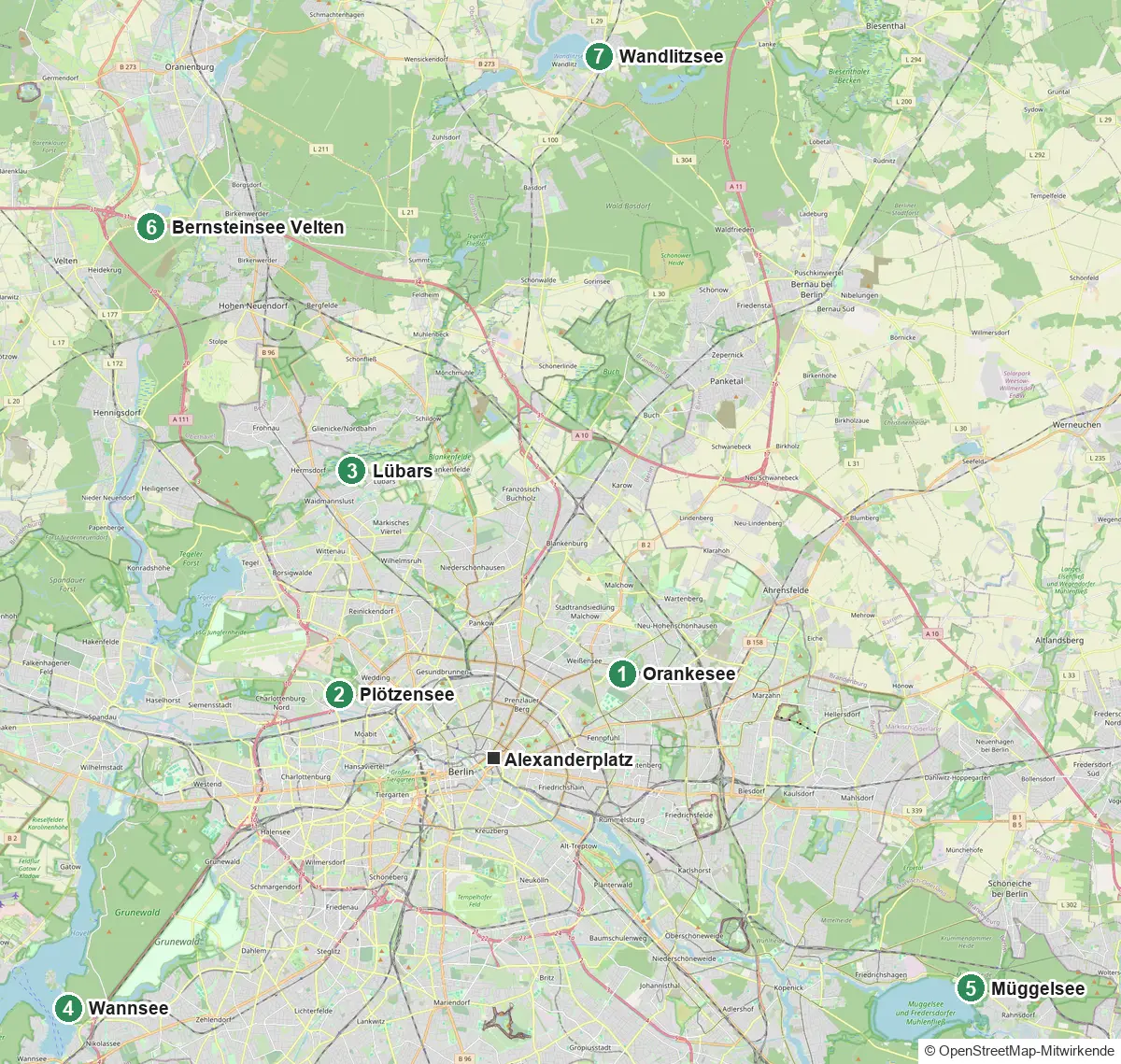 Karte mit sieben Badeseen in Berlin und am nördlichen Stadtrand, vom Wannsee im Südwesten bis zum Wandlitzsee im Norden